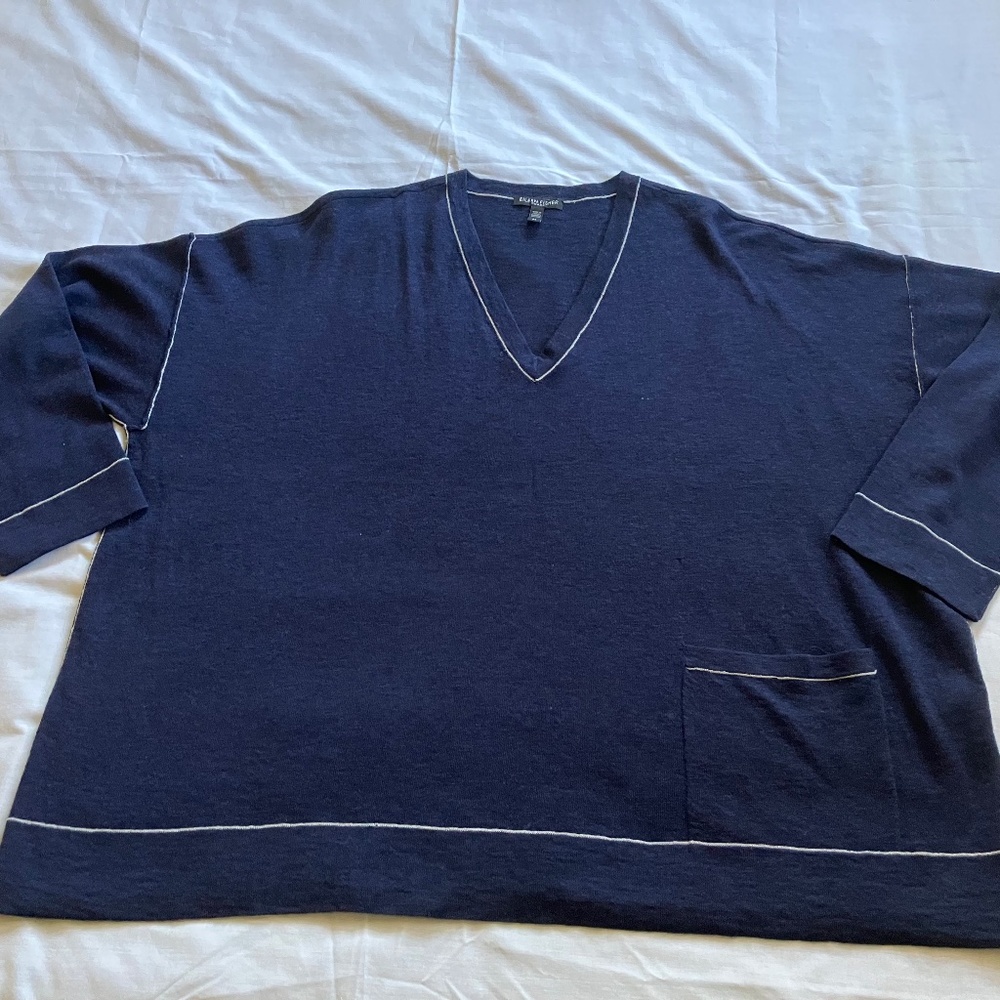 Eileen Fisher 2X Wool Blend Box-top Sweater Navy Blue w/White